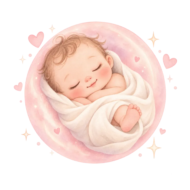 Watercolor illustration of a sleeping baby wrapped in a soft blanket inside a pink moon